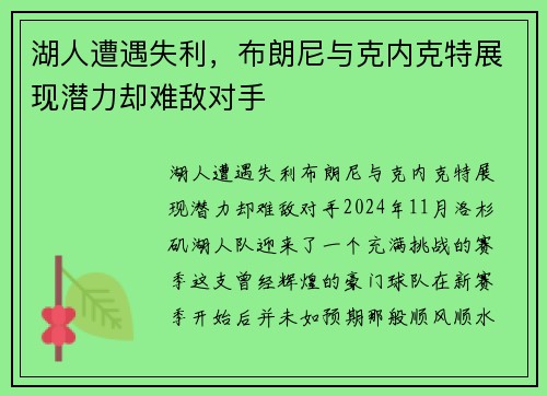 湖人遭遇失利，布朗尼与克内克特展现潜力却难敌对手